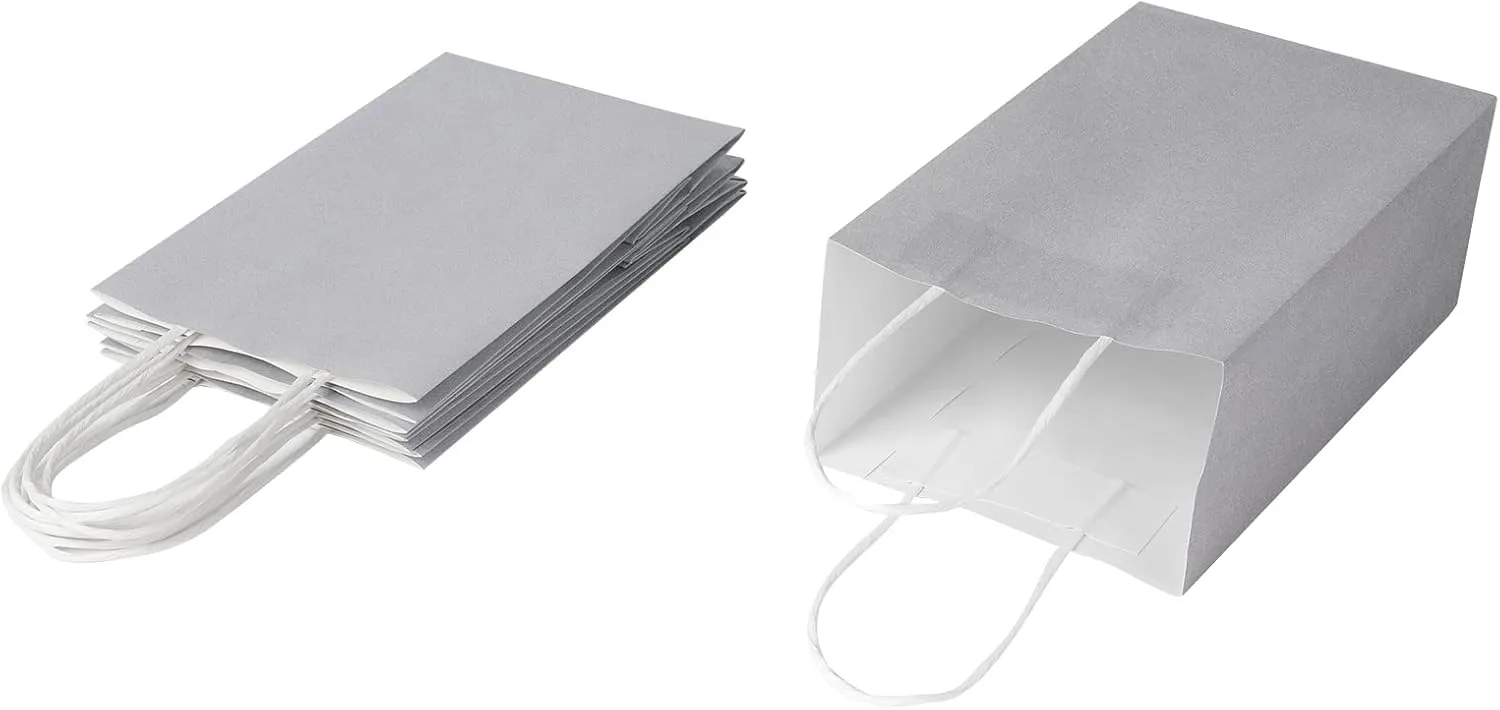 Oikss 50 Pack 5.25x3.25x8.25 Inch Small Gray Kraft Paper Bags with Handles Bulk for Birthday Wedding Party Favors Grocery Retail Shopping Business Goody Craft Gift Bags Sacks (Silver Grey 50 Count)