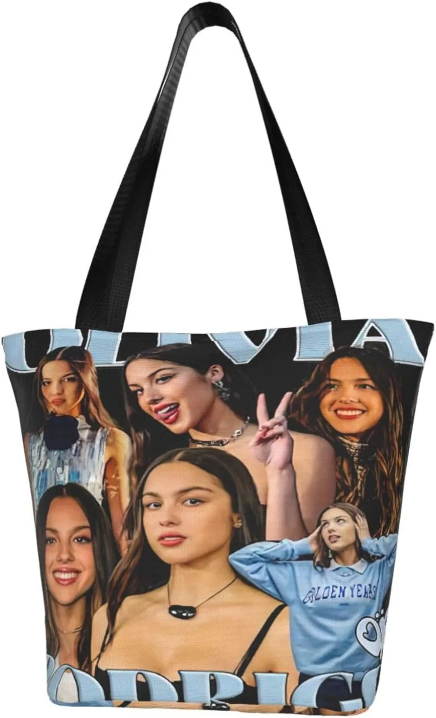 Olivia Songwriter Actress Rodrigo Reusable Grocery Bag for Kitchen Shopping Handbag Tote Bags with Zipper Unisex Funny Shoulder Bag Daily Bags for Party