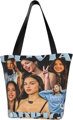 Olivia Songwriter Actress Rodrigo Reusable Grocery Bag for Kitchen Shopping Handbag Tote Bags with Zipper Unisex Funny Shoulder Bag Daily Bags for Party