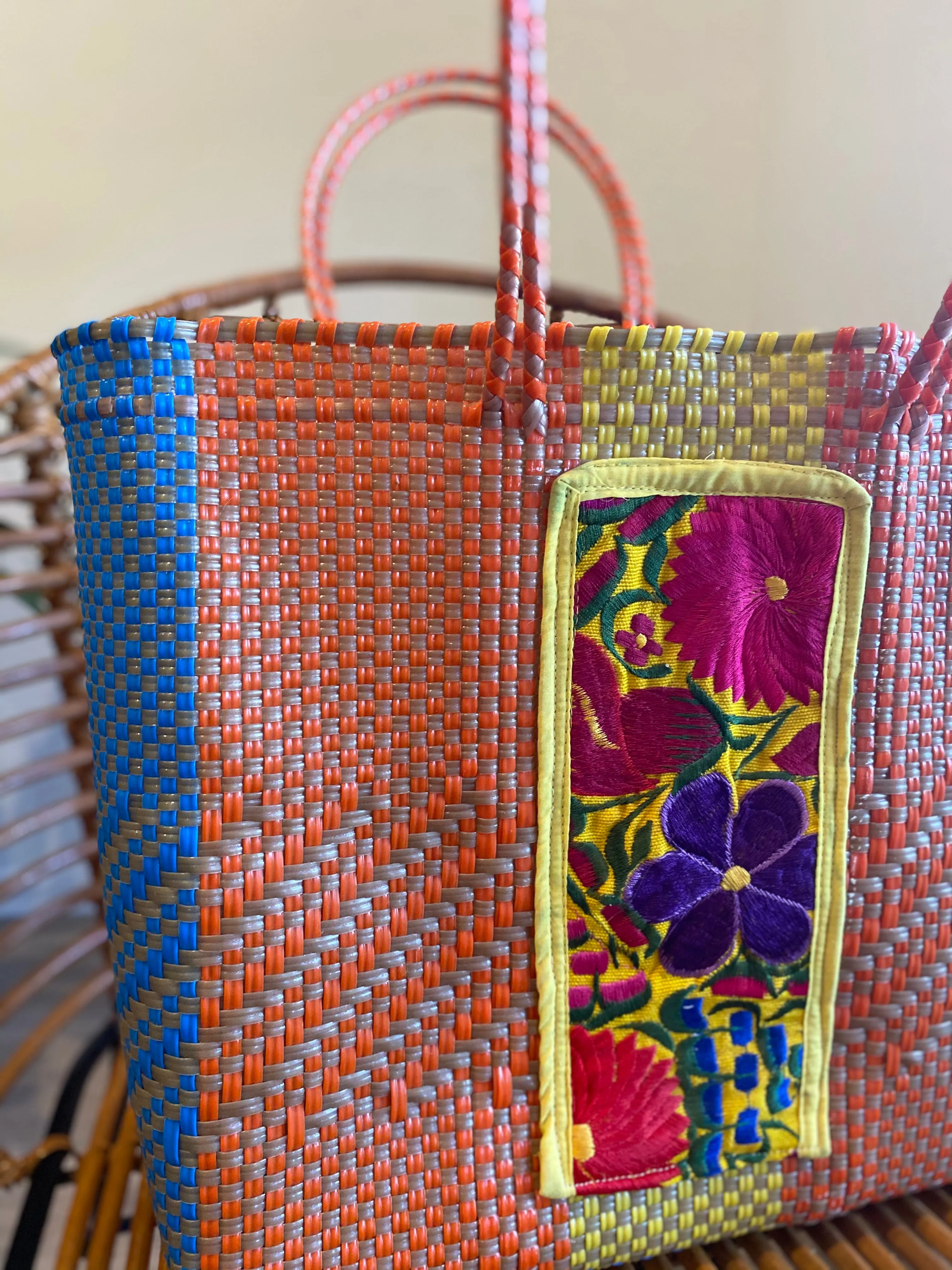 Orange/Multi Woven Tote with Embroidery