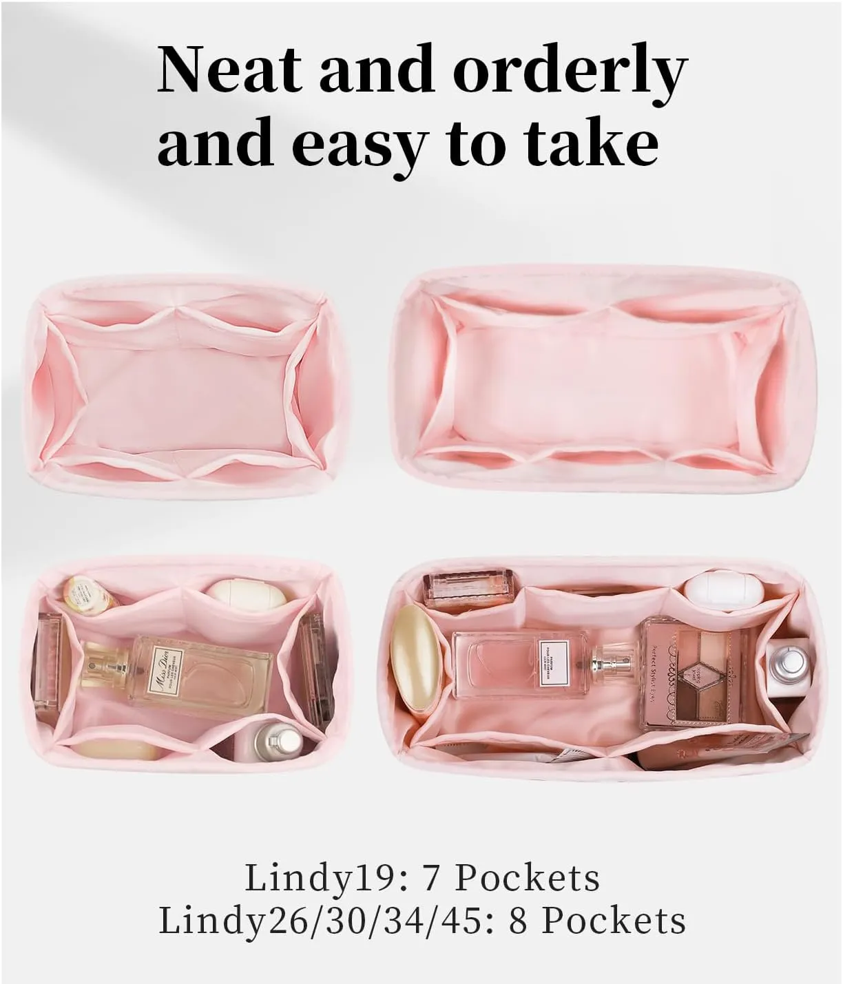 Organizer Insert for Hermes Bags, Luxury Bags Storage with Silk, Lightweight Inner Bag Compatible with Lindy 26 Bags, Multiple Pockets Large Capacity(Pink, Lindy26)