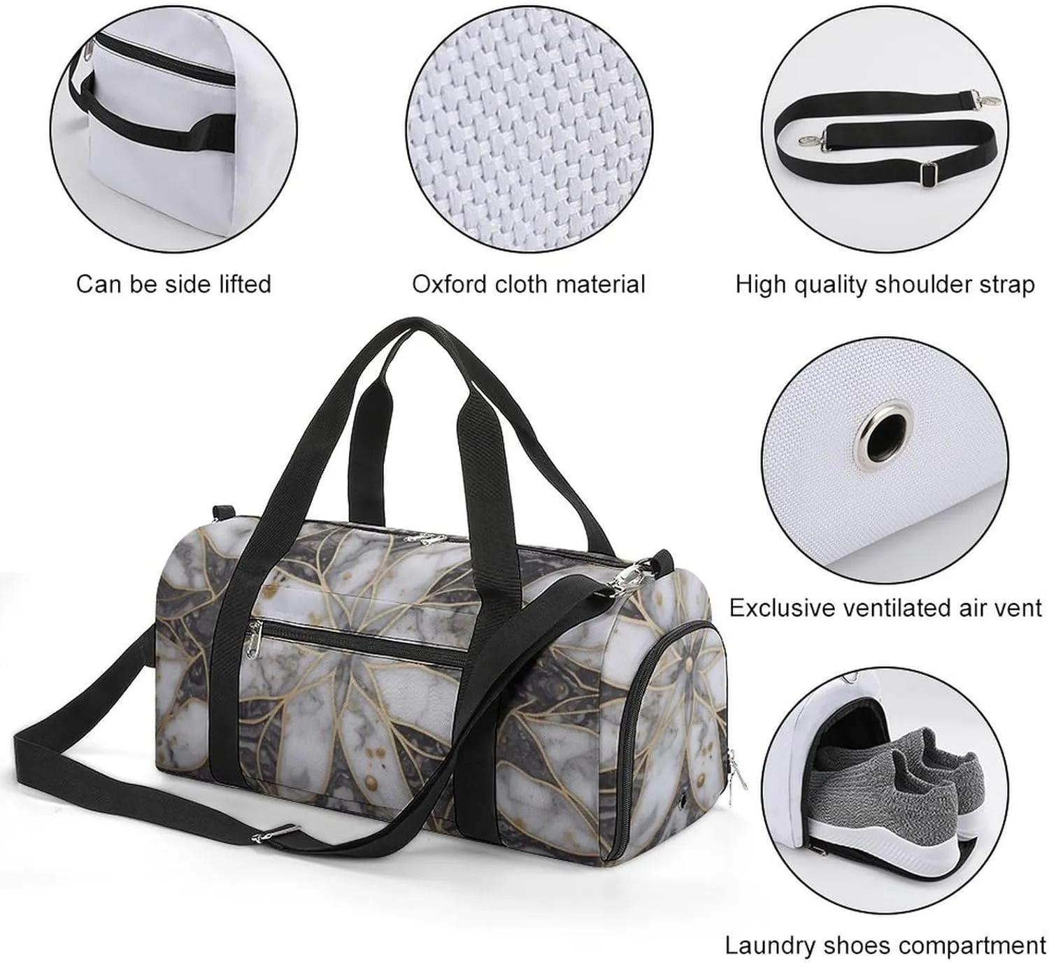 Oriental Marble Stone Sports Gym Bag Carry on Holdalls for Men Small Duffel Bags for Women with Shoe Compartment