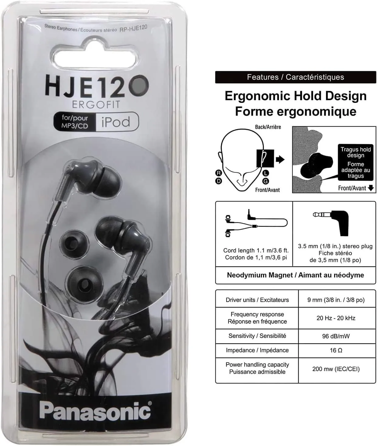 Panasonic ErgoFit Wired Earbuds, 3.5mm Jack In-Ear Headphones Wired with Dynamic Crystal-Clear Sound and Ultra Soft Ergonomic Custom-Fit Earpieces (S/M/L), for Phones and Laptops - RP-HJE120-K (Black)