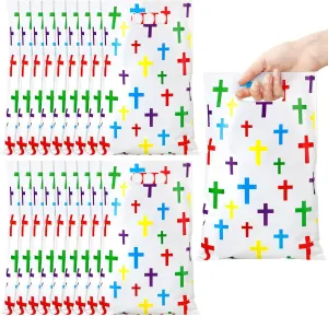 Panelee 100 Pcs Religious Plastic Bags with Handles Colorful Cross Goody Treat Kids Adult Christian Candy Gift Bag for VBS Church Sunday School Party Supplies Favors Decorations