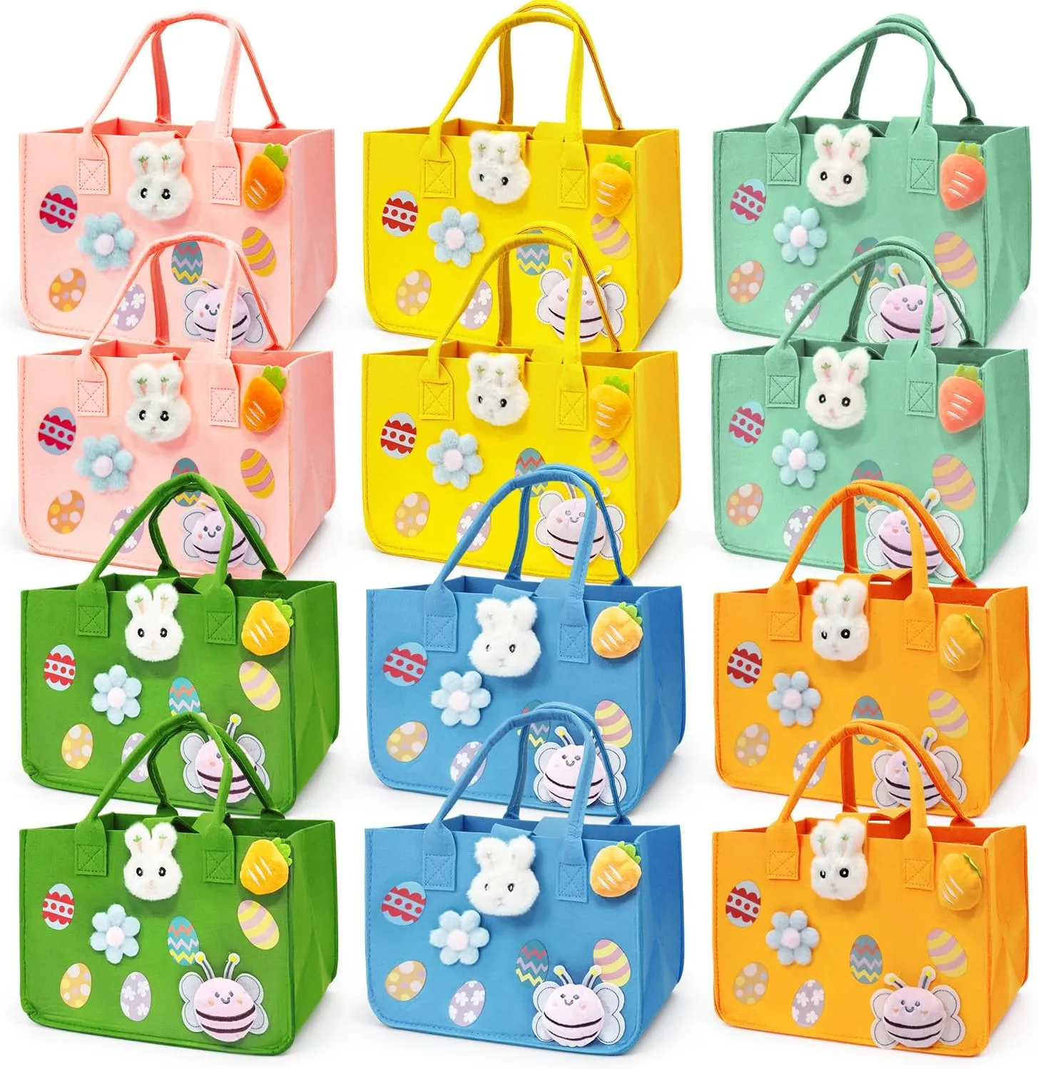 PARSUP 12PCS Easter Egg Hunt Bags Happy Easter Bunny Gift Bags with Handles, Easter Treat Bags, Felt Easter Bags for Gifts Wrapping, Egg Hunt Game, Easter Party Supplies, 12" x7.8" x6.8"