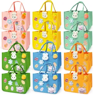 PARSUP 12PCS Easter Egg Hunt Bags Happy Easter Bunny Gift Bags with Handles, Easter Treat Bags, Felt Easter Bags for Gifts Wrapping, Egg Hunt Game, Easter Party Supplies, 12" x7.8" x6.8"