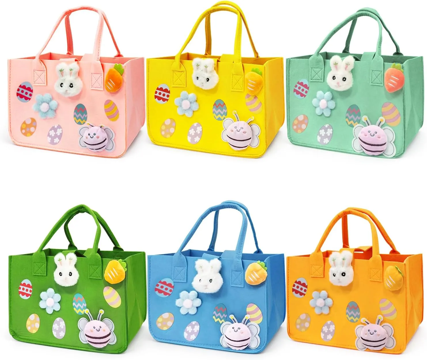 PARSUP 6PCS Easter Egg Hunt Bags Happy Easter Bunny Gift Bags with Handles, Easter Treat Bags, Felt Easter Bags for Gifts Wrapping, Egg Hunt Game, Easter Party Supplies, 12" x7.8" x6.8"