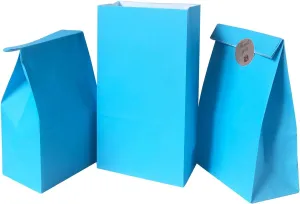 Party Favor Bag 50 pcs Food Safe Paper and Ink, Natural (Biodegradable), Vivid Colored Self-Stand Buffet Bags, Bottom Square Paper Treat Bag. with 60 pcs Stickers 1.5 inch. (Light blue)…