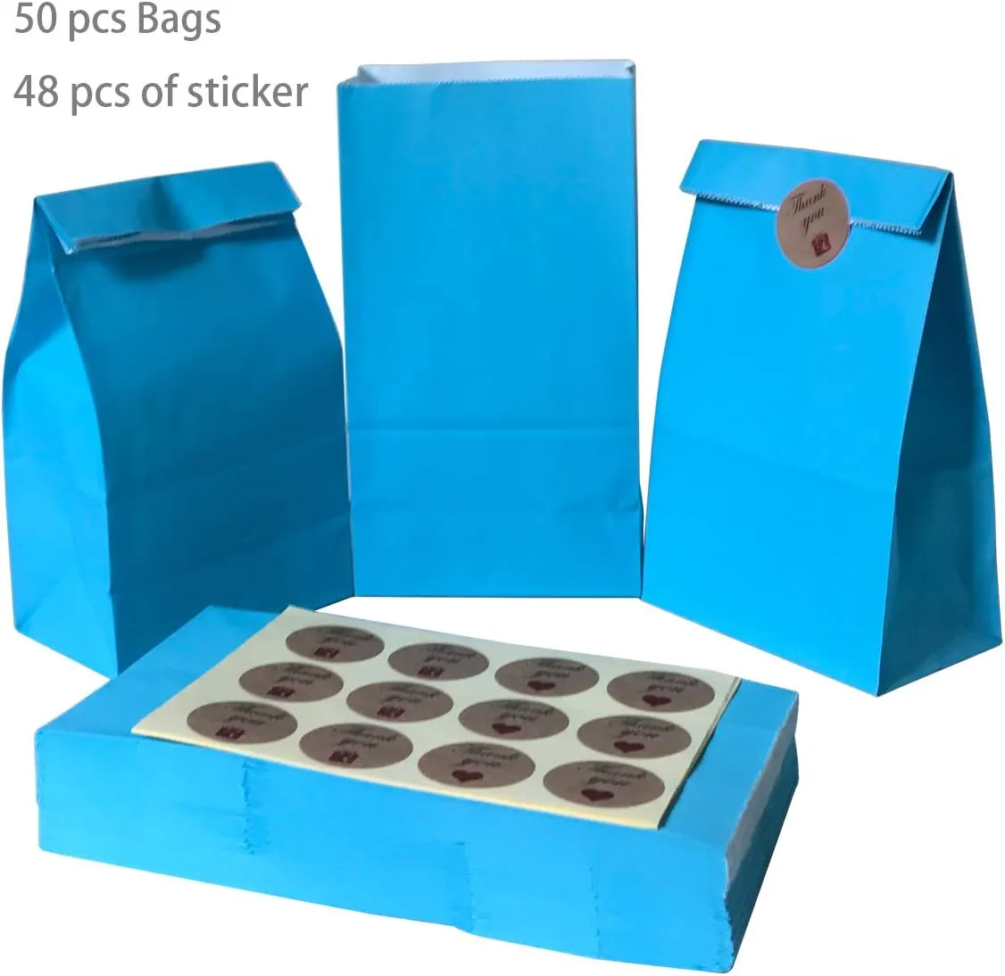Party Favor Bag 50 pcs Food Safe Paper and Ink, Natural (Biodegradable), Vivid Colored Self-Stand Buffet Bags, Bottom Square Paper Treat Bag. with 60 pcs Stickers 1.5 inch. (Light blue)…