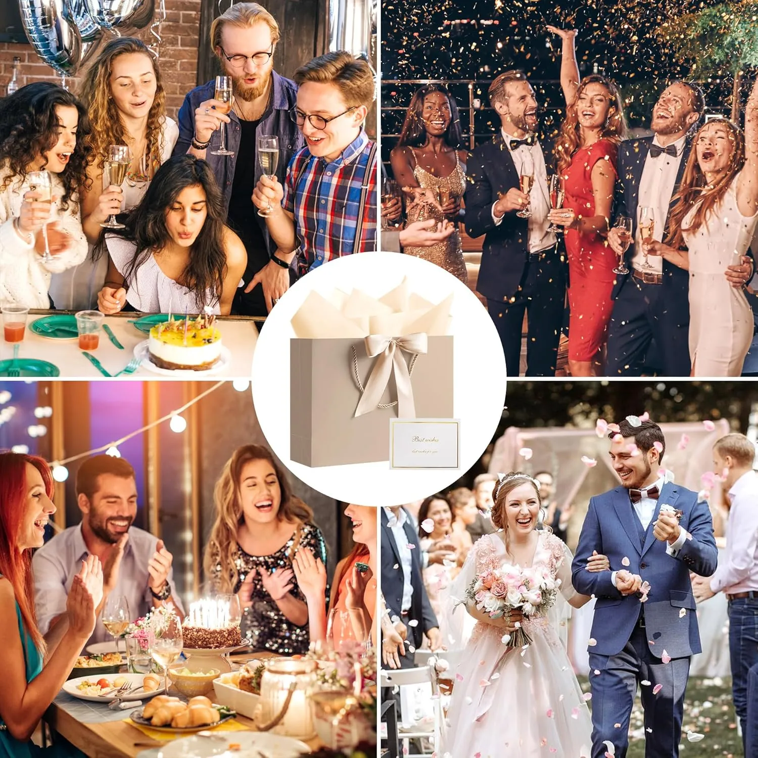 PASEOTA 12.6" Gift Bags Bulk, 10 Pcs Gift Bags with 20 Tissue Paper 10 Greeting Cards, Luxury Bag with Handles for Anniversary Presents Wedding Birthday Party (Champagne)