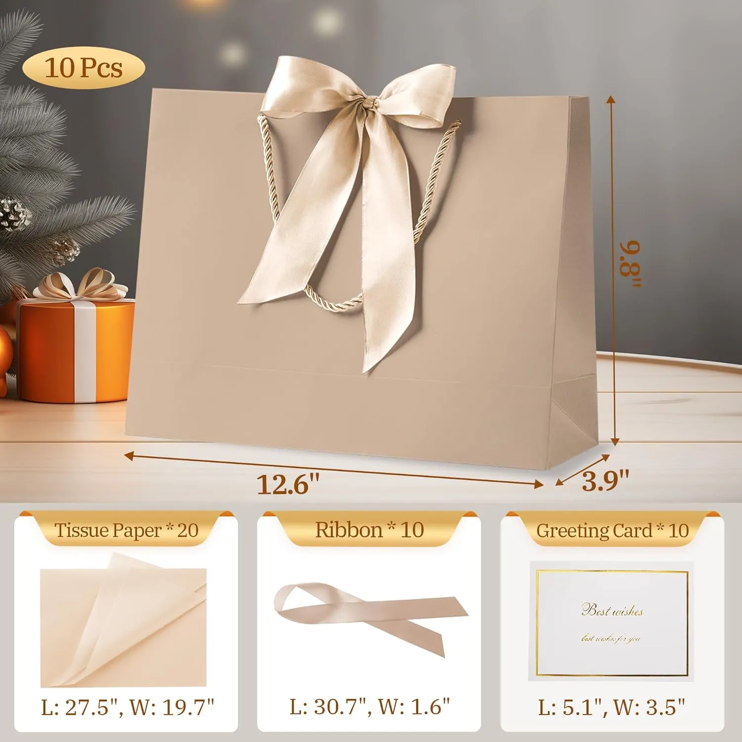 PASEOTA 12.6" Gift Bags Bulk, 10 Pcs Gift Bags with 20 Tissue Paper 10 Greeting Cards, Luxury Bag with Handles for Anniversary Presents Wedding Birthday Party (Champagne)