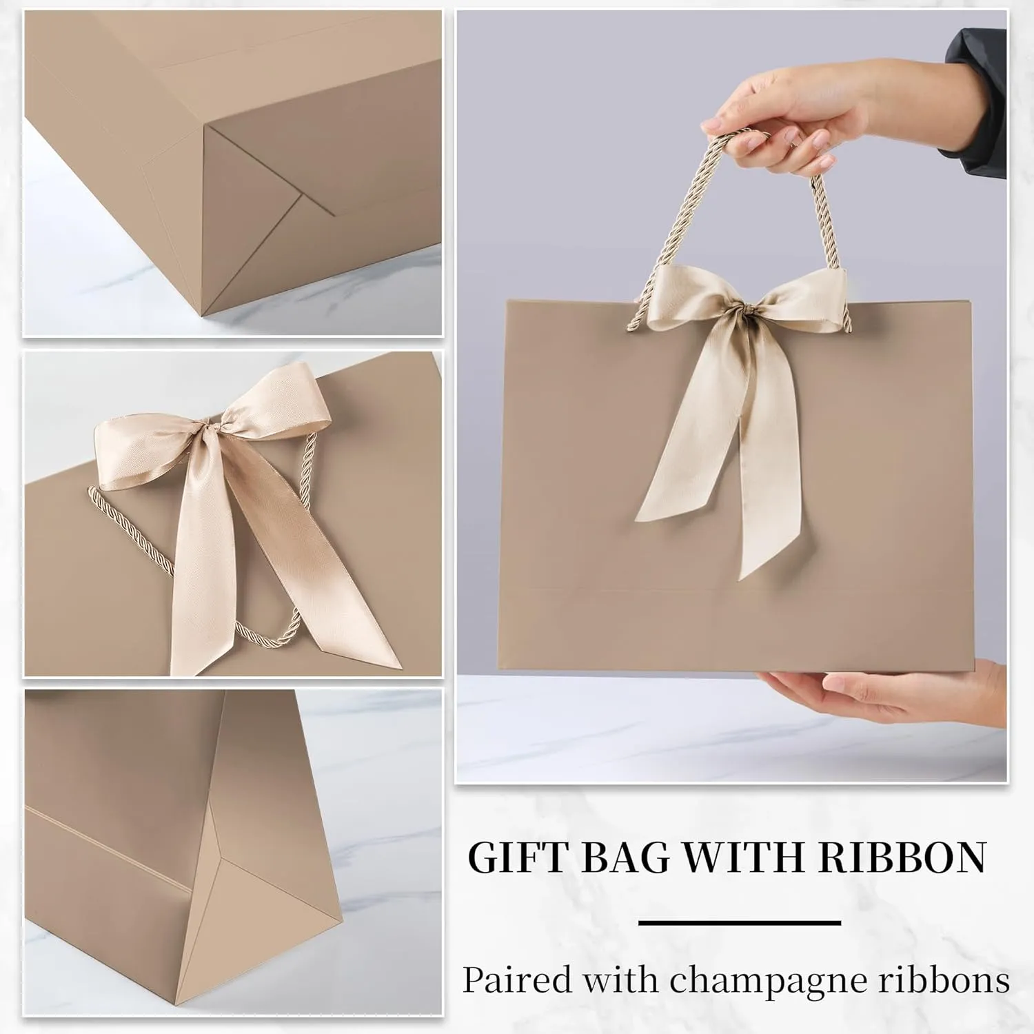 PASEOTA 12.6" Gift Bags Bulk, 10 Pcs Gift Bags with 20 Tissue Paper 10 Greeting Cards, Luxury Bag with Handles for Anniversary Presents Wedding Birthday Party (Champagne)