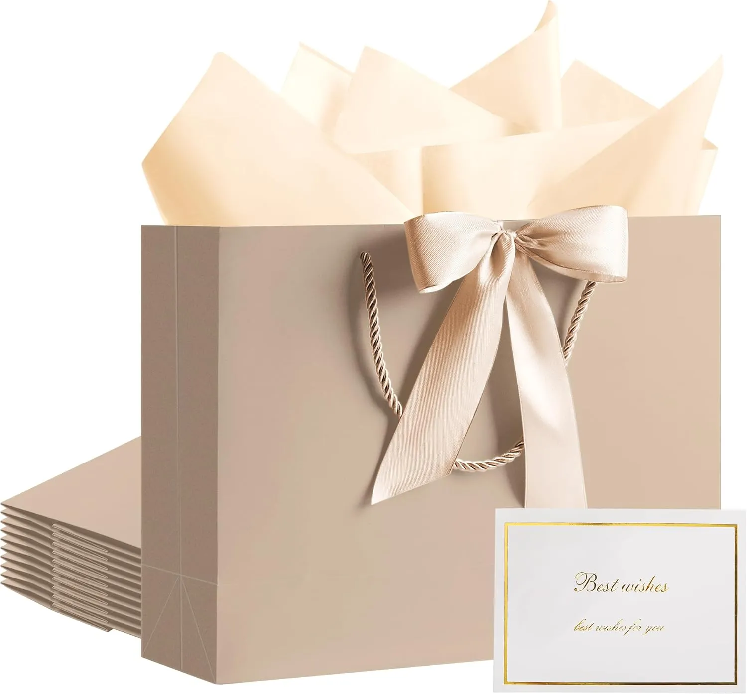 PASEOTA 12.6" Gift Bags Bulk, 10 Pcs Gift Bags with 20 Tissue Paper 10 Greeting Cards, Luxury Bag with Handles for Anniversary Presents Wedding Birthday Party (Champagne)