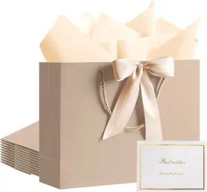 PASEOTA 12.6" Gift Bags Bulk, 10 Pcs Gift Bags with 20 Tissue Paper 10 Greeting Cards, Luxury Bag with Handles for Anniversary Presents Wedding Birthday Party (Champagne)
