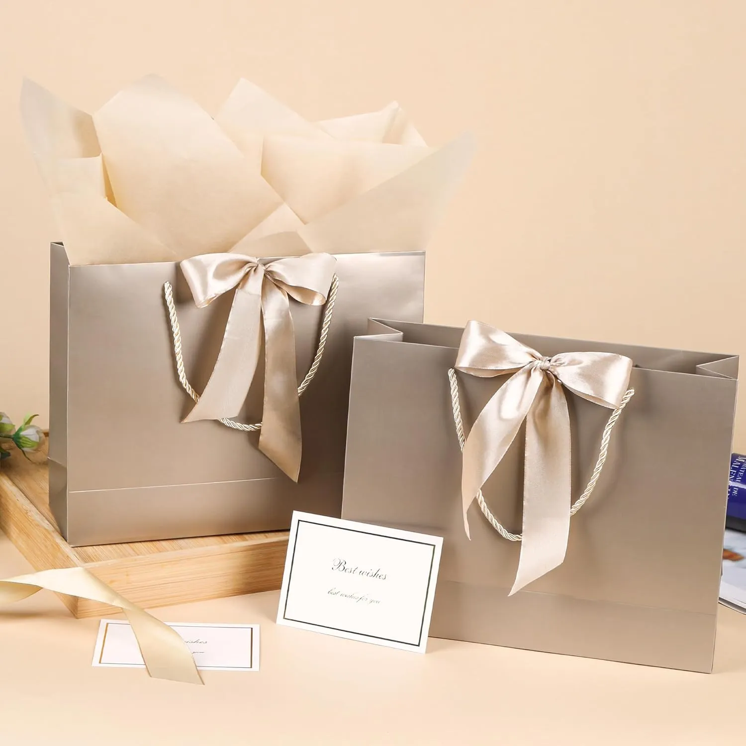 PASEOTA 12.6" Gift Bags Bulk, 10 Pcs Gift Bags with 20 Tissue Paper 10 Greeting Cards, Luxury Bag with Handles for Anniversary Presents Wedding Birthday Party (Champagne)