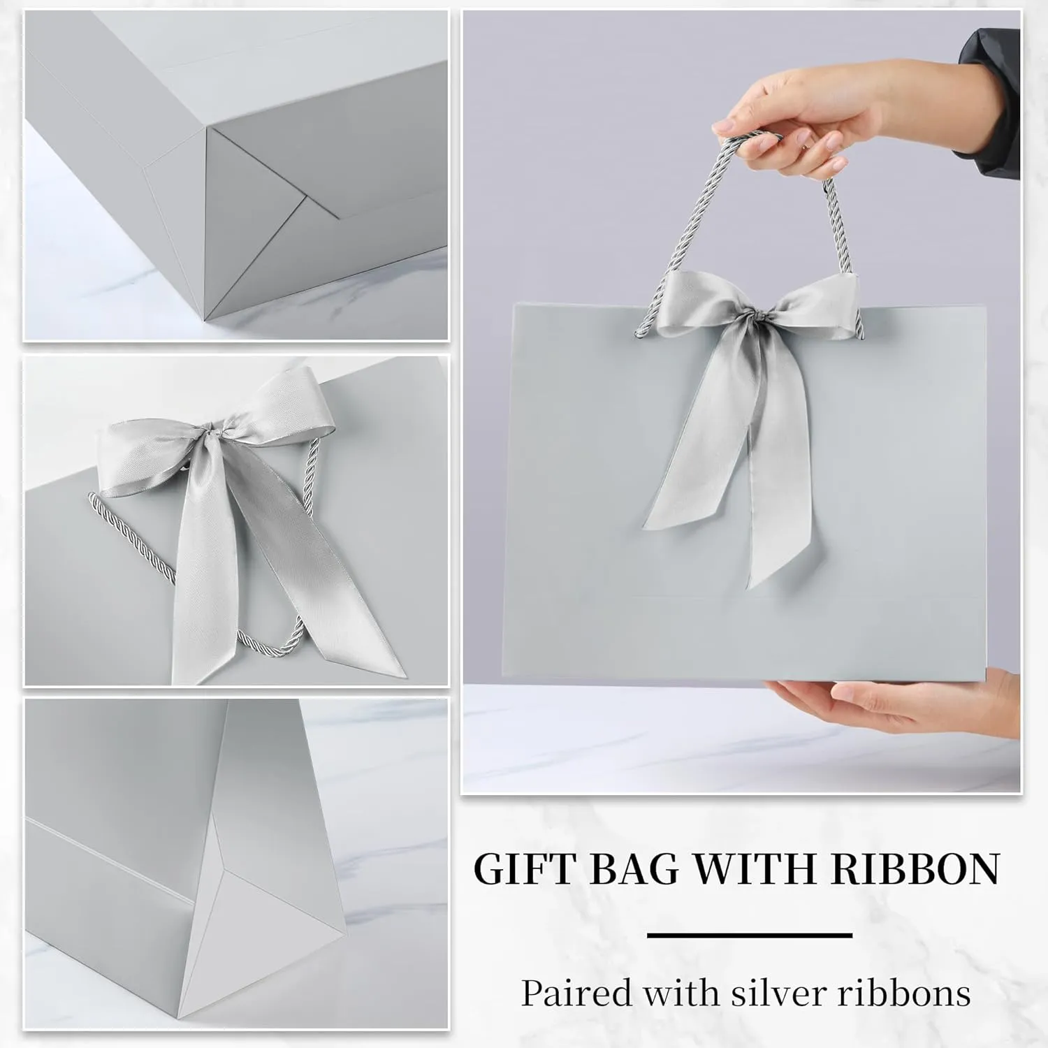PASEOTA 12.6" Gift Bags Bulk, 10 Pcs Gift Bags with 20 Tissue Paper 10 Greeting Cards, Luxury Bag with Handles for Anniversary Presents Wedding Birthday Party (Silver)