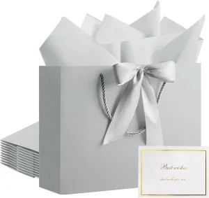 PASEOTA 12.6" Gift Bags Bulk, 10 Pcs Gift Bags with 20 Tissue Paper 10 Greeting Cards, Luxury Bag with Handles for Anniversary Presents Wedding Birthday Party (Silver)