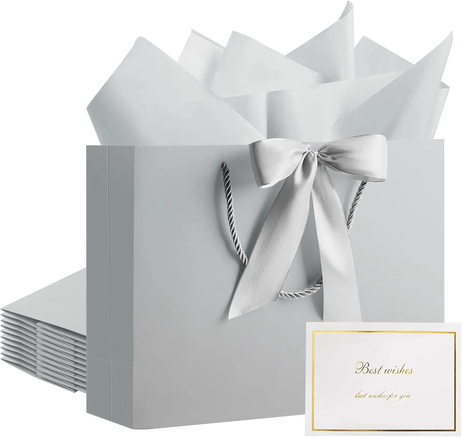 PASEOTA 12.6" Gift Bags Bulk, 10 Pcs Gift Bags with 20 Tissue Paper 10 Greeting Cards, Luxury Bag with Handles for Anniversary Presents Wedding Birthday Party (Silver)