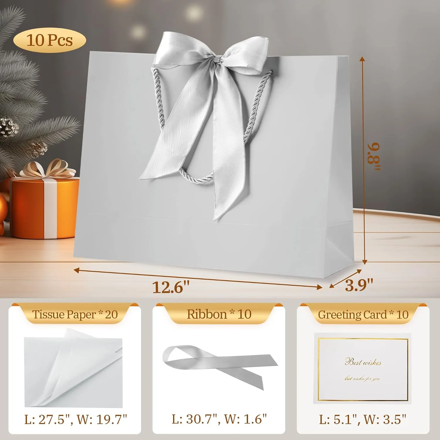 PASEOTA 12.6" Gift Bags Bulk, 10 Pcs Gift Bags with 20 Tissue Paper 10 Greeting Cards, Luxury Bag with Handles for Anniversary Presents Wedding Birthday Party (Silver)