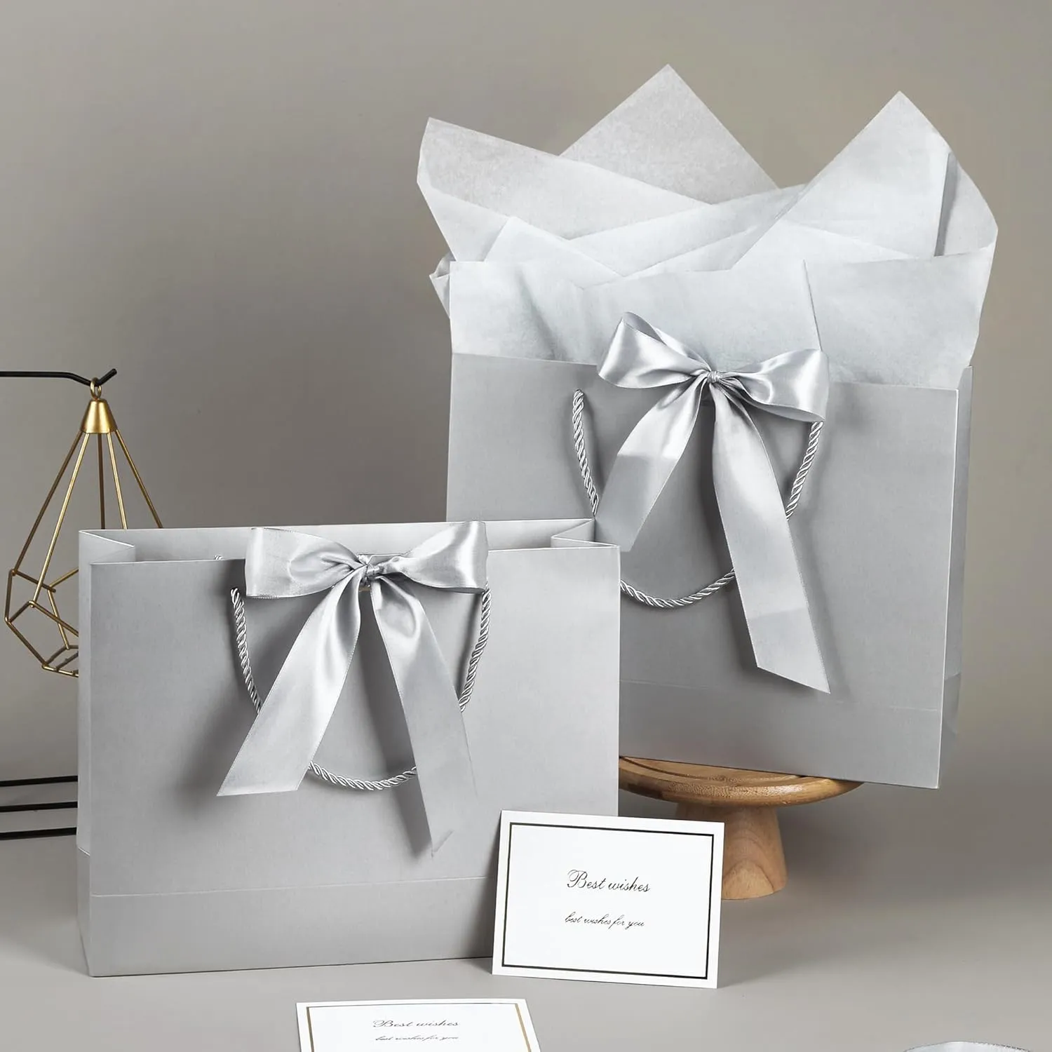 PASEOTA 12.6" Gift Bags Bulk, 10 Pcs Gift Bags with 20 Tissue Paper 10 Greeting Cards, Luxury Bag with Handles for Anniversary Presents Wedding Birthday Party (Silver)
