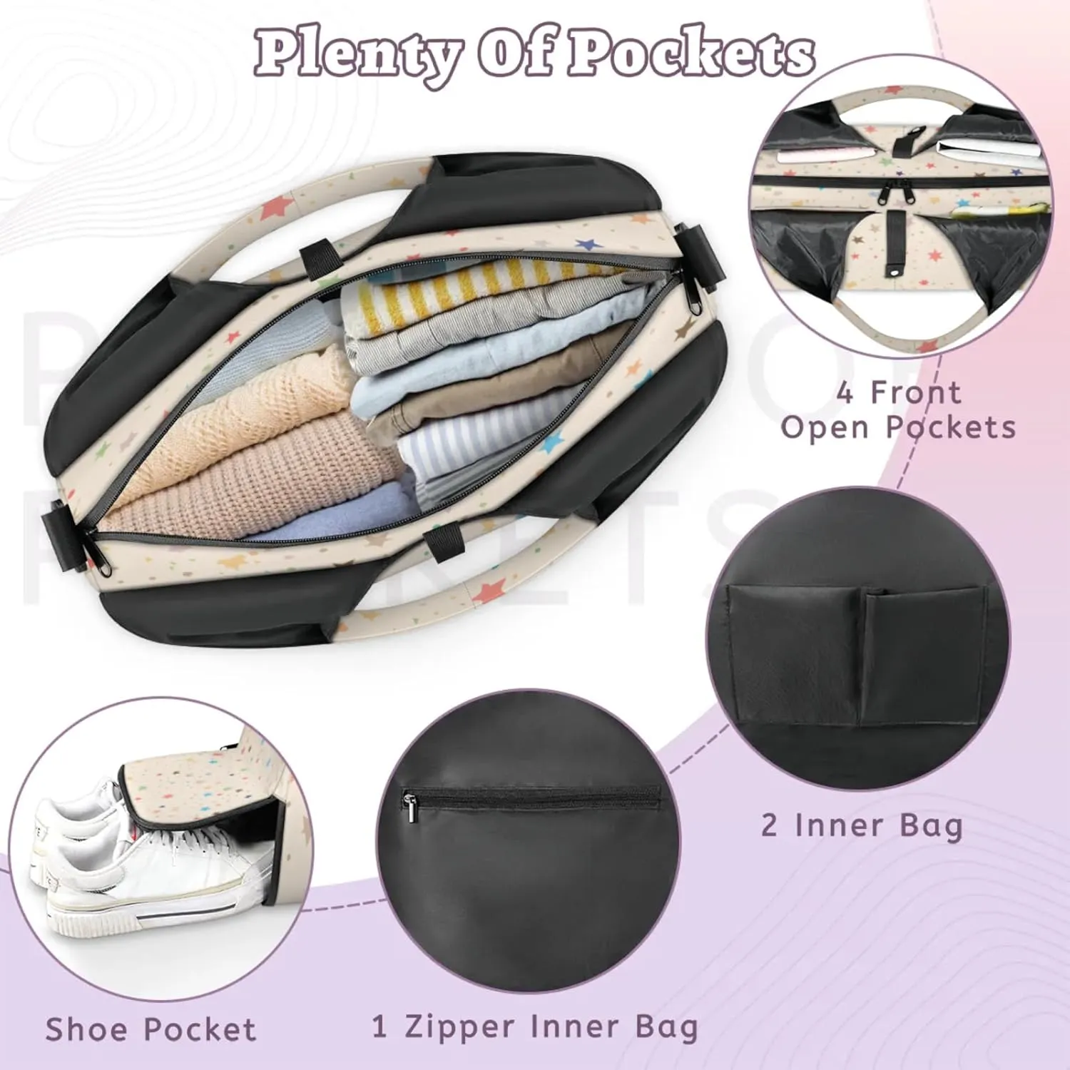 Pastel Star Confetti Waterproof Gym Bag for Men Women, Sports Duffel Bag with Shoe Compartment Yoga Mat Holder, Portable Large Travel Bag for Fitness, Camping, Weekend Trips
