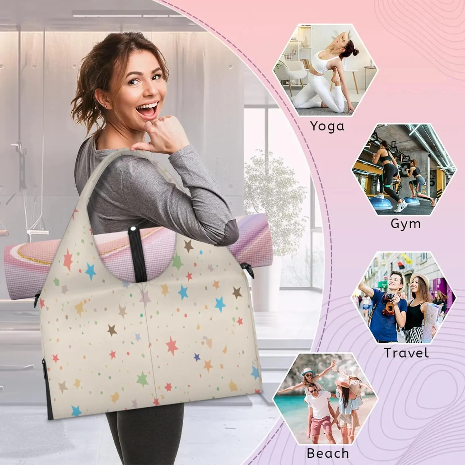 Pastel Star Confetti Waterproof Gym Bag for Men Women, Sports Duffel Bag with Shoe Compartment Yoga Mat Holder, Portable Large Travel Bag for Fitness, Camping, Weekend Trips