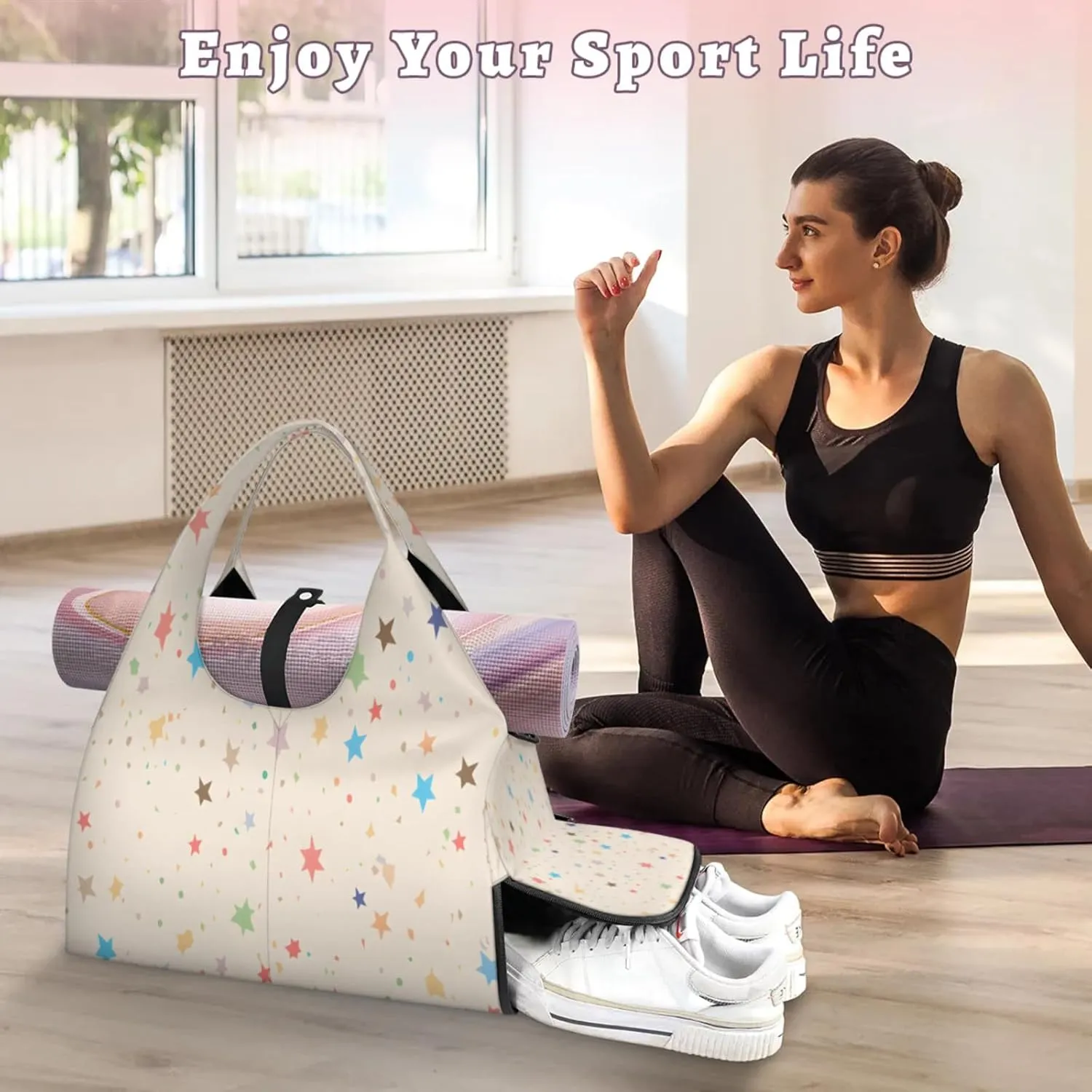 Pastel Star Confetti Waterproof Gym Bag for Men Women, Sports Duffel Bag with Shoe Compartment Yoga Mat Holder, Portable Large Travel Bag for Fitness, Camping, Weekend Trips