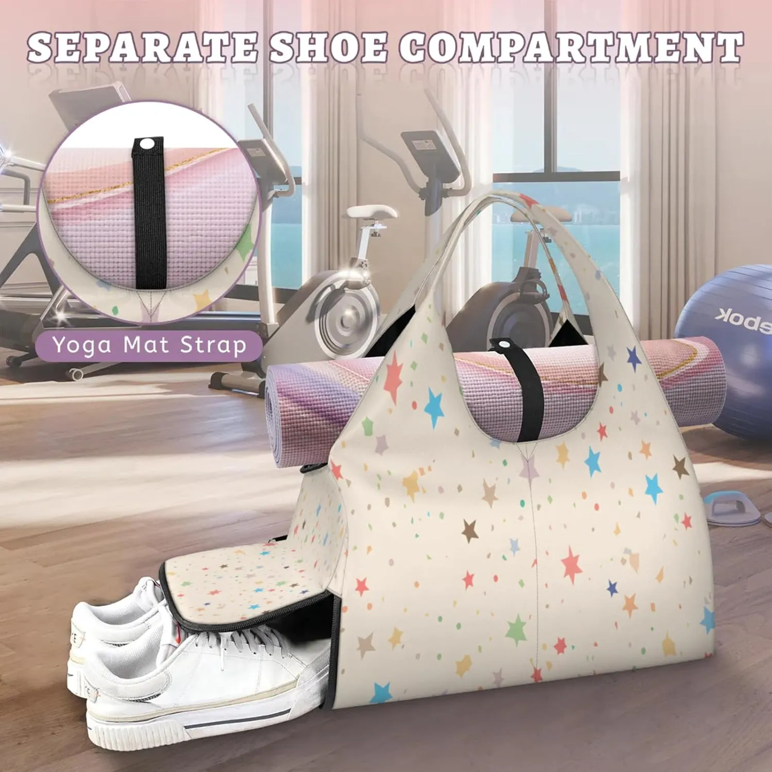 Pastel Star Confetti Waterproof Gym Bag for Men Women, Sports Duffel Bag with Shoe Compartment Yoga Mat Holder, Portable Large Travel Bag for Fitness, Camping, Weekend Trips