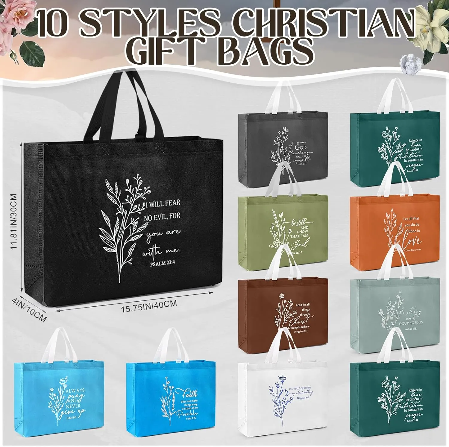 Paterr Large Bible Verse Christian Gift Bag Bulk with Handle Reusable Religious Church Baptism Tote Bag for Fathers Day(Mix Color,30)