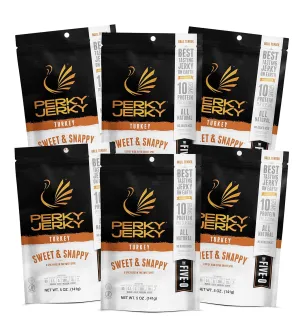 Perky Jerky Sweet and Snappy Turkey Jerky, 5 oz Bags (Pack of 6) - Low Sodium - 10g Protein per Serving - Low Fat - 100% U.S. Sourced - Tender Texture