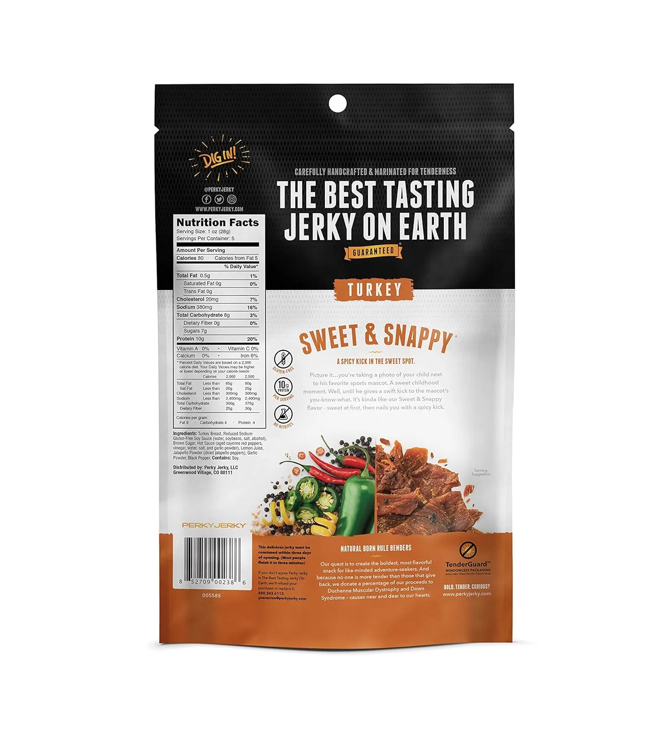 Perky Jerky Sweet and Snappy Turkey Jerky, 5 oz Bags (Pack of 6) - Low Sodium - 10g Protein per Serving - Low Fat - 100% U.S. Sourced - Tender Texture