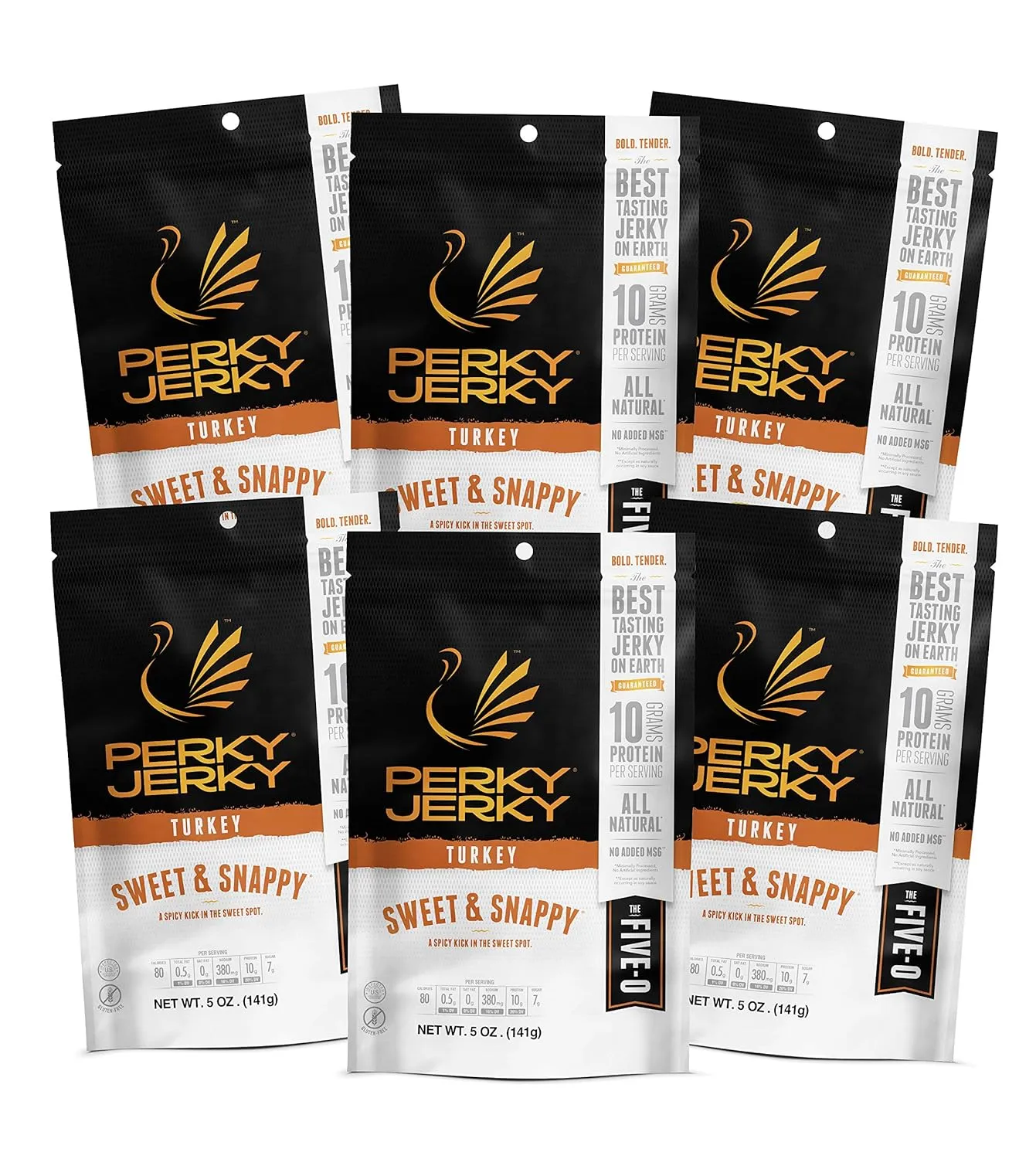 Perky Jerky Sweet and Snappy Turkey Jerky, 5 oz Bags (Pack of 6) - Low Sodium - 10g Protein per Serving - Low Fat - 100% U.S. Sourced - Tender Texture