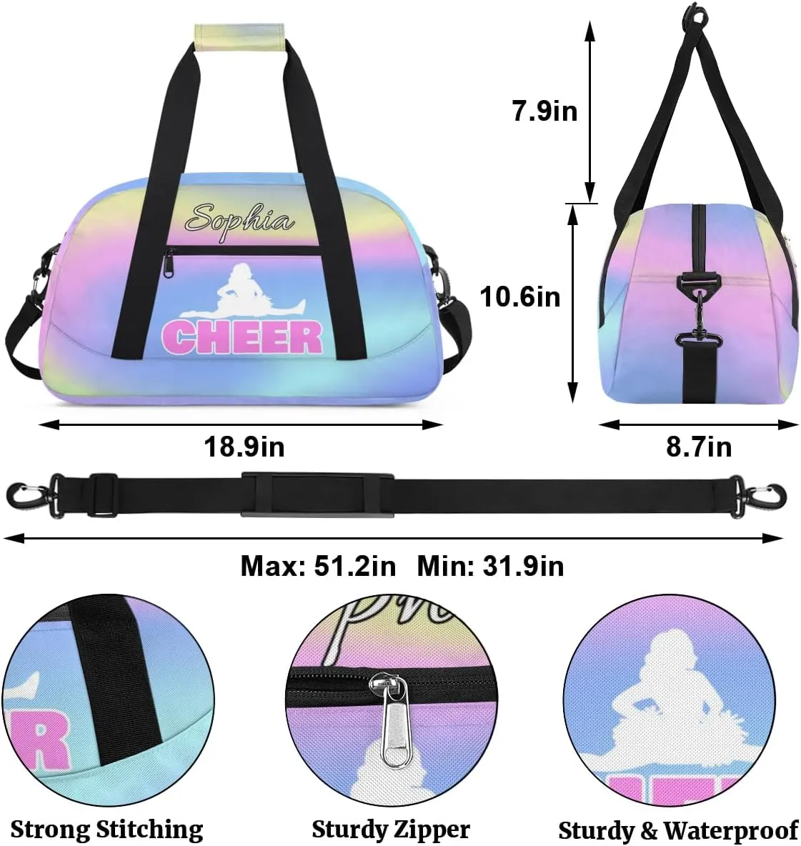 Personalized Cheer Bag with Name Custom Cheerleader Bags Cheer Dance Bag Customize Cheer Duffel Bag Overnight Weekender Bag, Colorful Blue