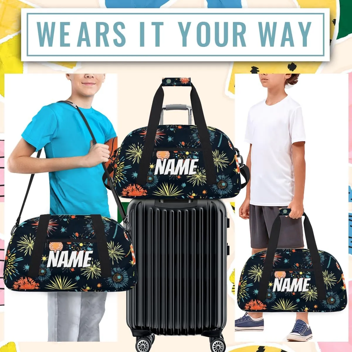 Personalized Custom Gym Bag for Women Men Carry on Colorful Fireworks Travel Duffel Tote 4th of July Overnight Workout Weekender Bag