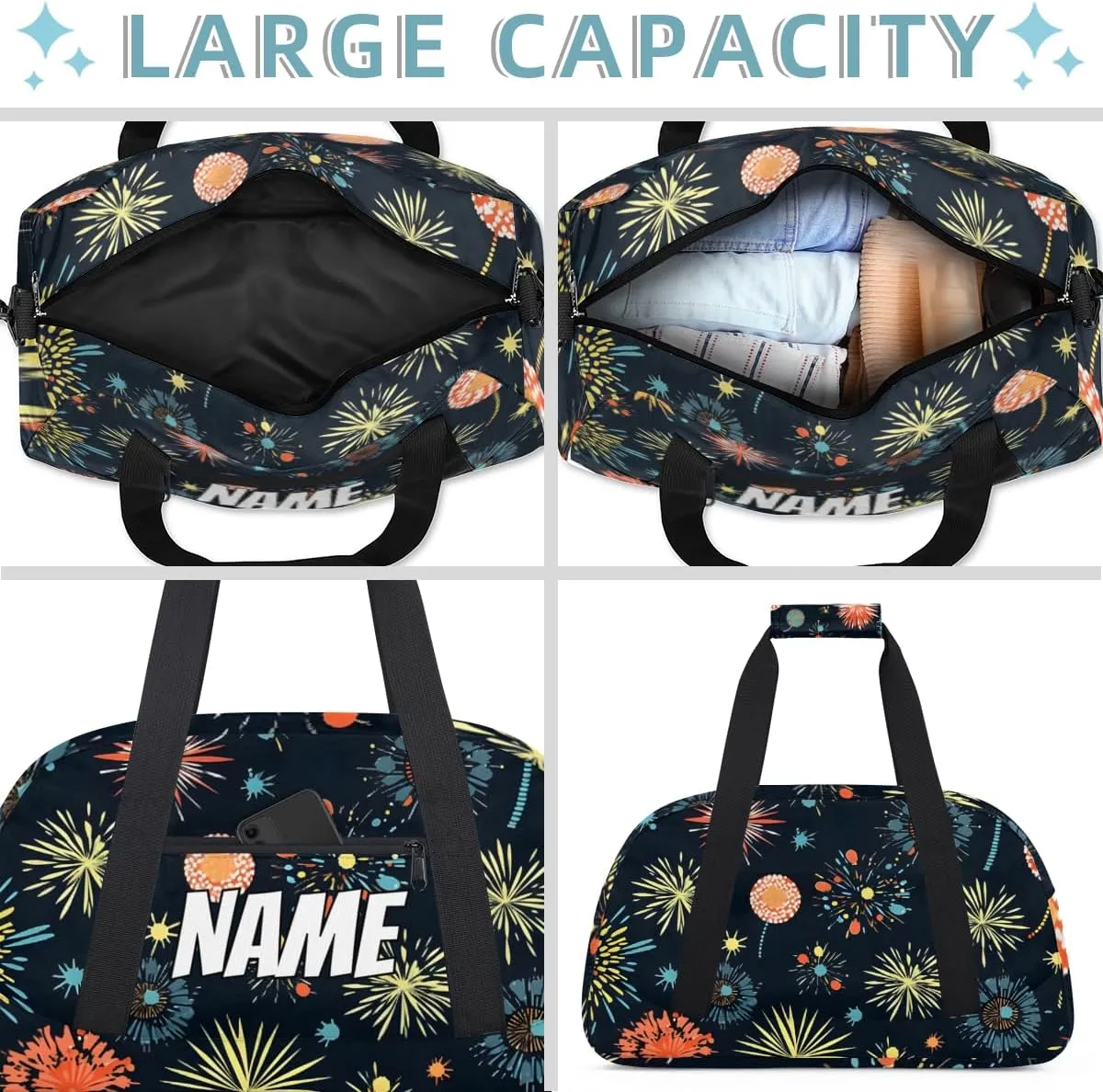 Personalized Custom Gym Bag for Women Men Carry on Colorful Fireworks Travel Duffel Tote 4th of July Overnight Workout Weekender Bag