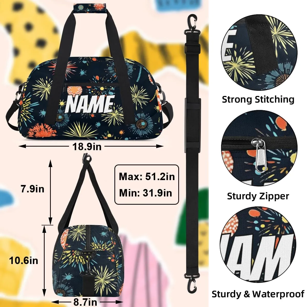 Personalized Custom Gym Bag for Women Men Carry on Colorful Fireworks Travel Duffel Tote 4th of July Overnight Workout Weekender Bag