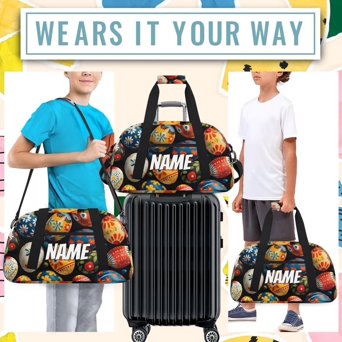 Personalized Custom Gym Bag for Women Men Carry on Easter Eggs Travel Duffel Tote Colorful Flower Overnight Workout Weekender Bag