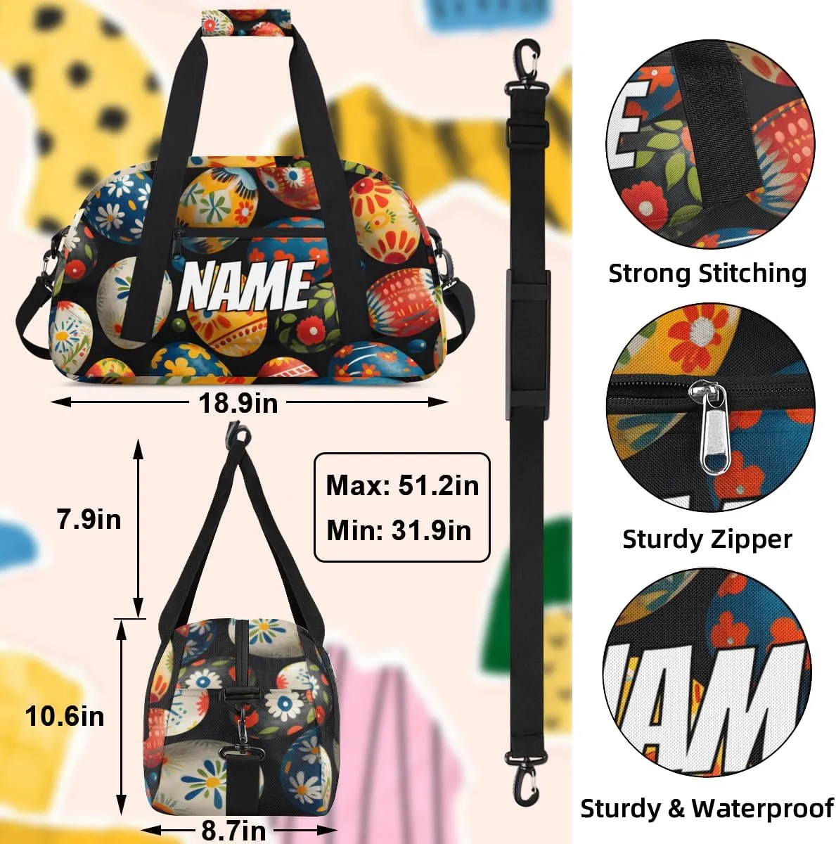 Personalized Custom Gym Bag for Women Men Carry on Easter Eggs Travel Duffel Tote Colorful Flower Overnight Workout Weekender Bag