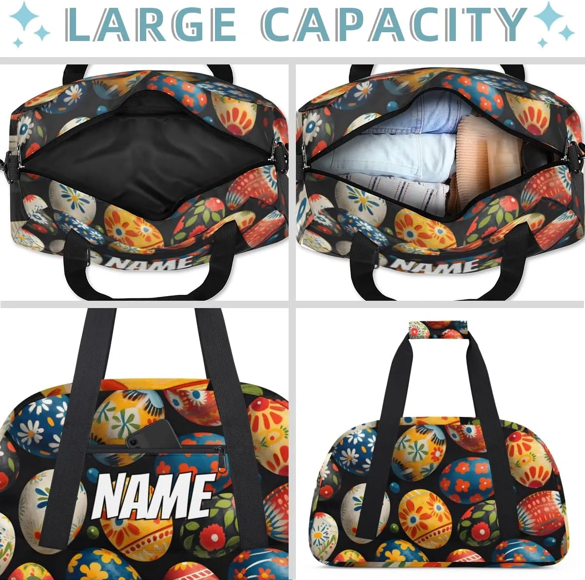 Personalized Custom Gym Bag for Women Men Carry on Easter Eggs Travel Duffel Tote Colorful Flower Overnight Workout Weekender Bag
