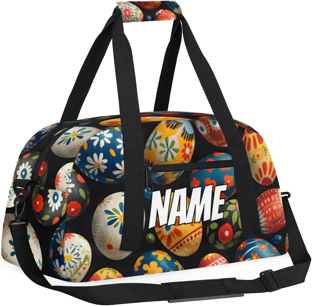 Personalized Custom Gym Bag for Women Men Carry on Easter Eggs Travel Duffel Tote Colorful Flower Overnight Workout Weekender Bag