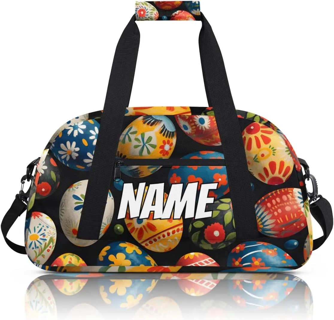 Personalized Custom Gym Bag for Women Men Carry on Easter Eggs Travel Duffel Tote Colorful Flower Overnight Workout Weekender Bag