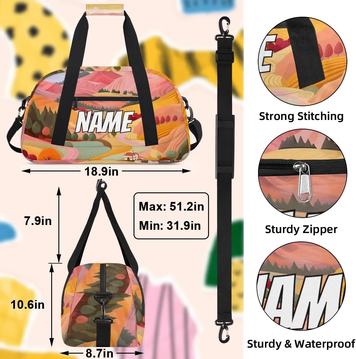 Personalized Custom Gym Bag for Women Men Carry on Village Scenery Travel Duffel Tote Colorful Nature Overnight Workout Weekender Bag