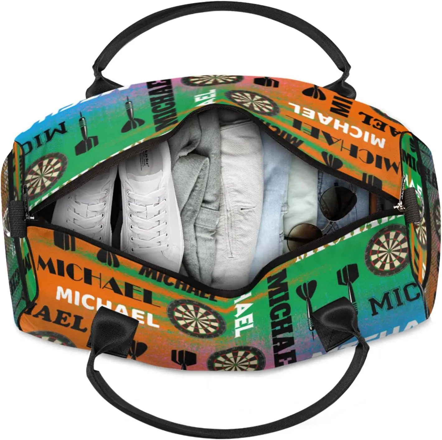 Personalized Darts Sport Duffel Bag with Name, Custom Gym Bag Customized Text Overnight Weekender Bag for Women Men, Colorful