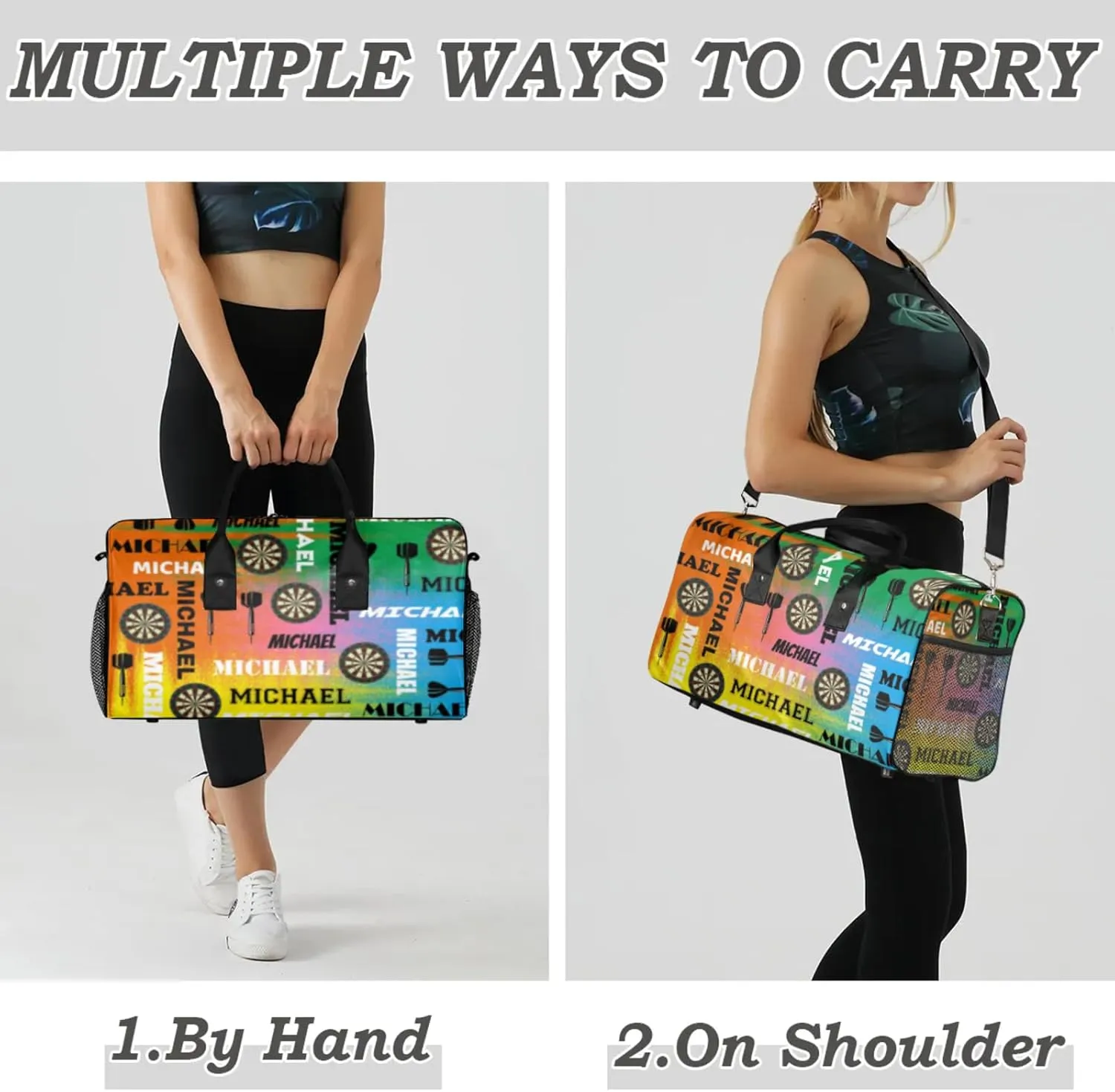 Personalized Darts Sport Duffel Bag with Name, Custom Gym Bag Customized Text Overnight Weekender Bag for Women Men, Colorful