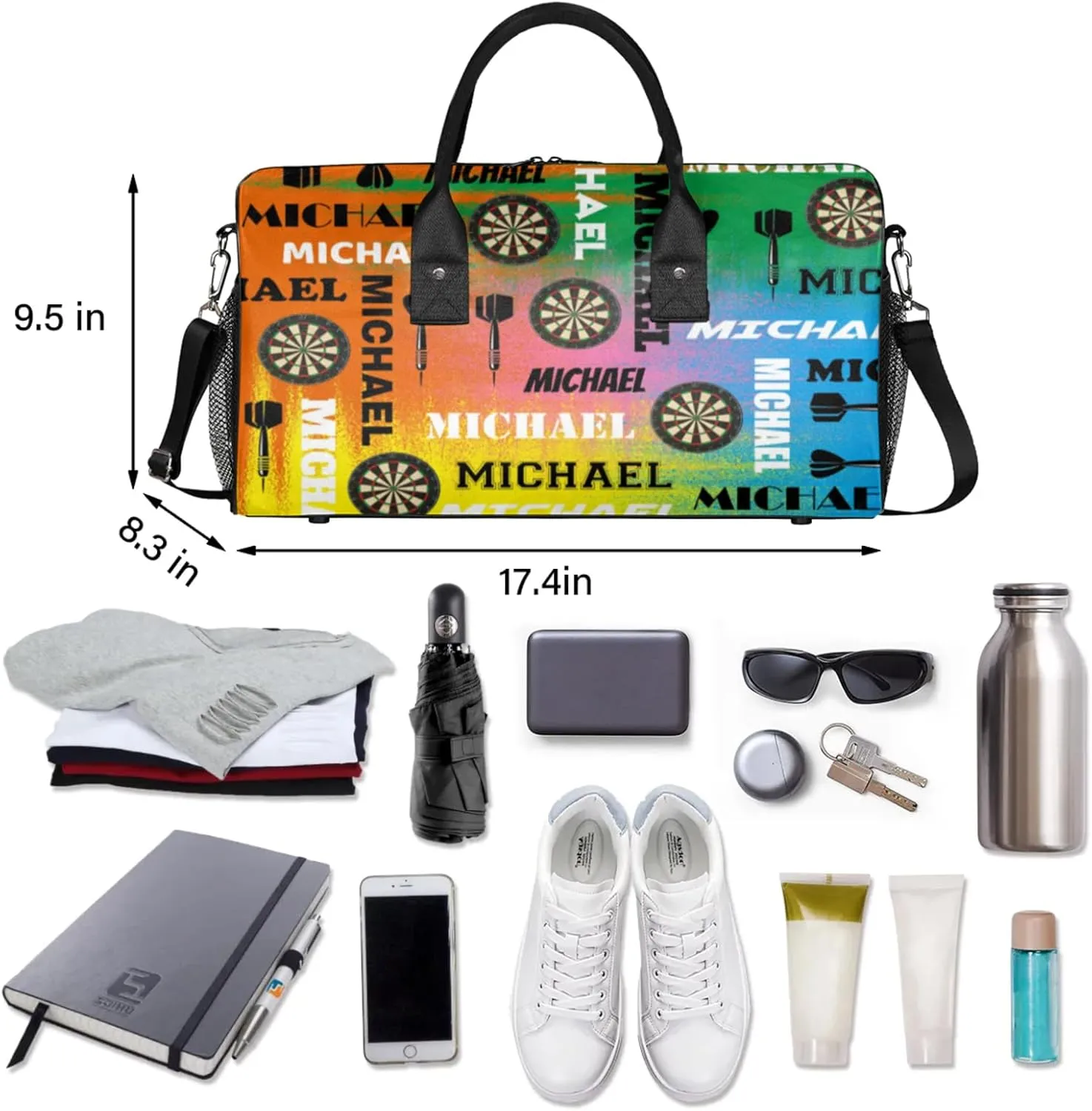 Personalized Darts Sport Duffel Bag with Name, Custom Gym Bag Customized Text Overnight Weekender Bag for Women Men, Colorful