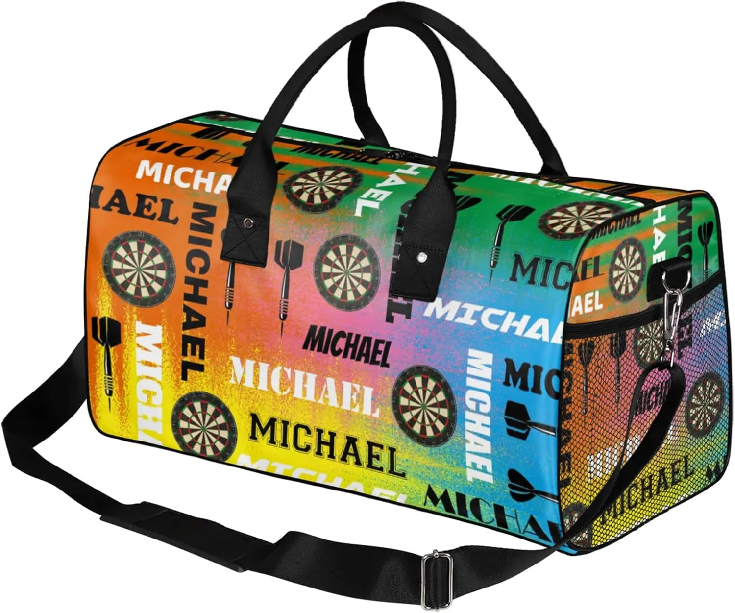 Personalized Darts Sport Duffel Bag with Name, Custom Gym Bag Customized Text Overnight Weekender Bag for Women Men, Colorful