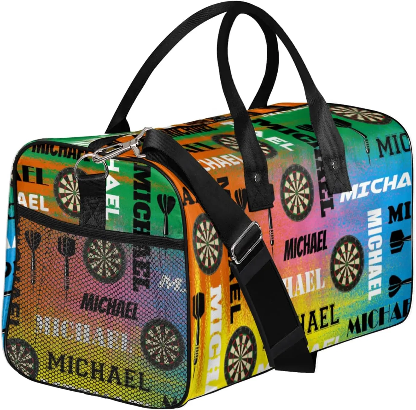 Personalized Darts Sport Duffel Bag with Name, Custom Gym Bag Customized Text Overnight Weekender Bag for Women Men, Colorful