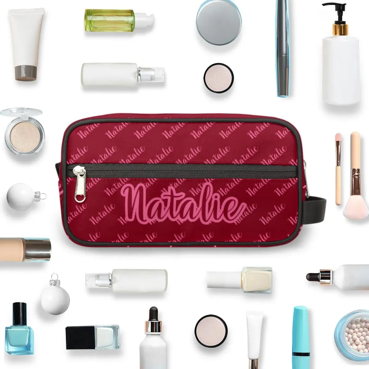 Personalized Gift Travel Makeup Bag for Women Man, Custom Cosmetic Bag Make Up Bag Organizer Toiletry Bag Christmas Birthday Gift for Girls Boys Name Text Red