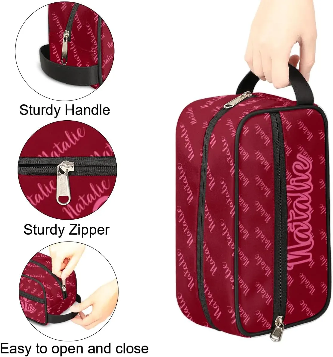 Personalized Gift Travel Makeup Bag for Women Man, Custom Cosmetic Bag Make Up Bag Organizer Toiletry Bag Christmas Birthday Gift for Girls Boys Name Text Red
