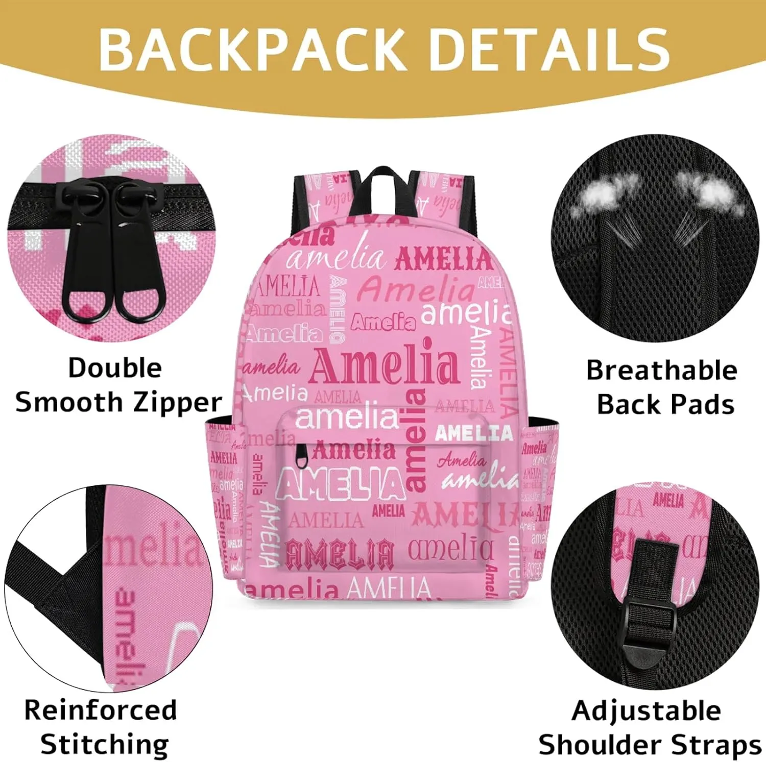 Personalized Name Backpack Custom Shoulder Bags for Women Men Waterproof Travel Casual Daypack Laoptop Bag 15.1in, Pink